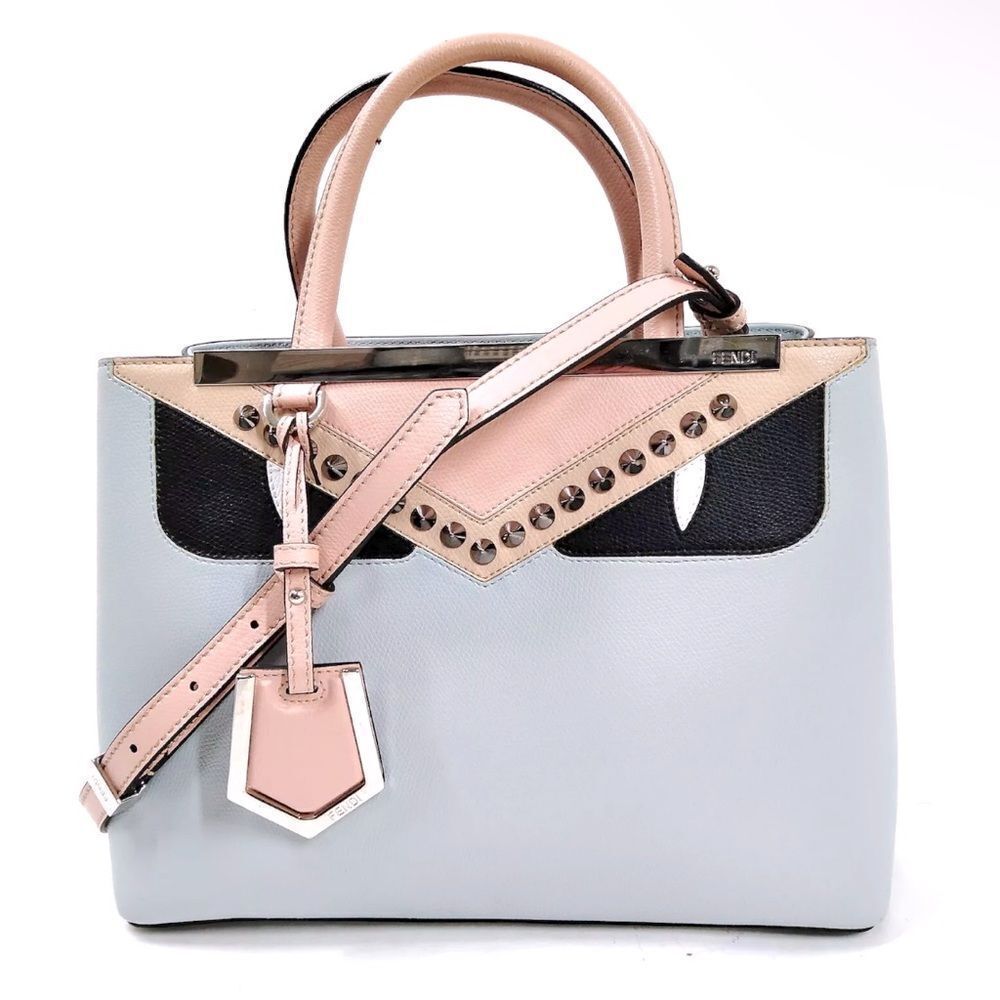 Auth Fendi Petite Monster Studded 2Jours Top Handle Handbag Grigio Perla 2way